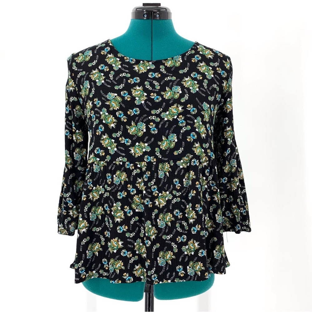 BONGO Floral Patterned 3/4 Sleeve Corset Back Blouse, Medium